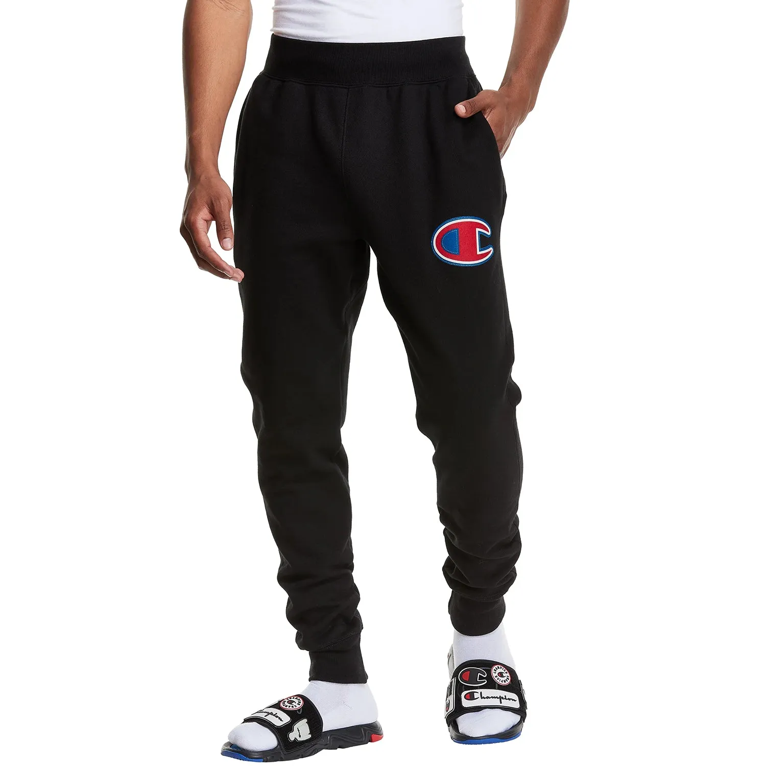 Champion Men's Reverse Weave Joggers Pants Logo Applique Black