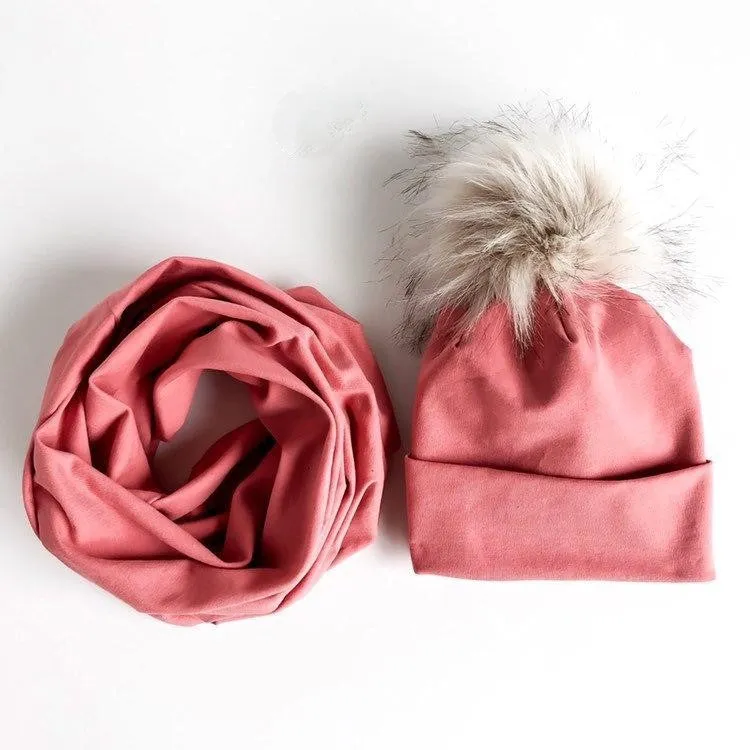 Coral Pink Faux Fur Pom Pom Hat and Infinity Scarf