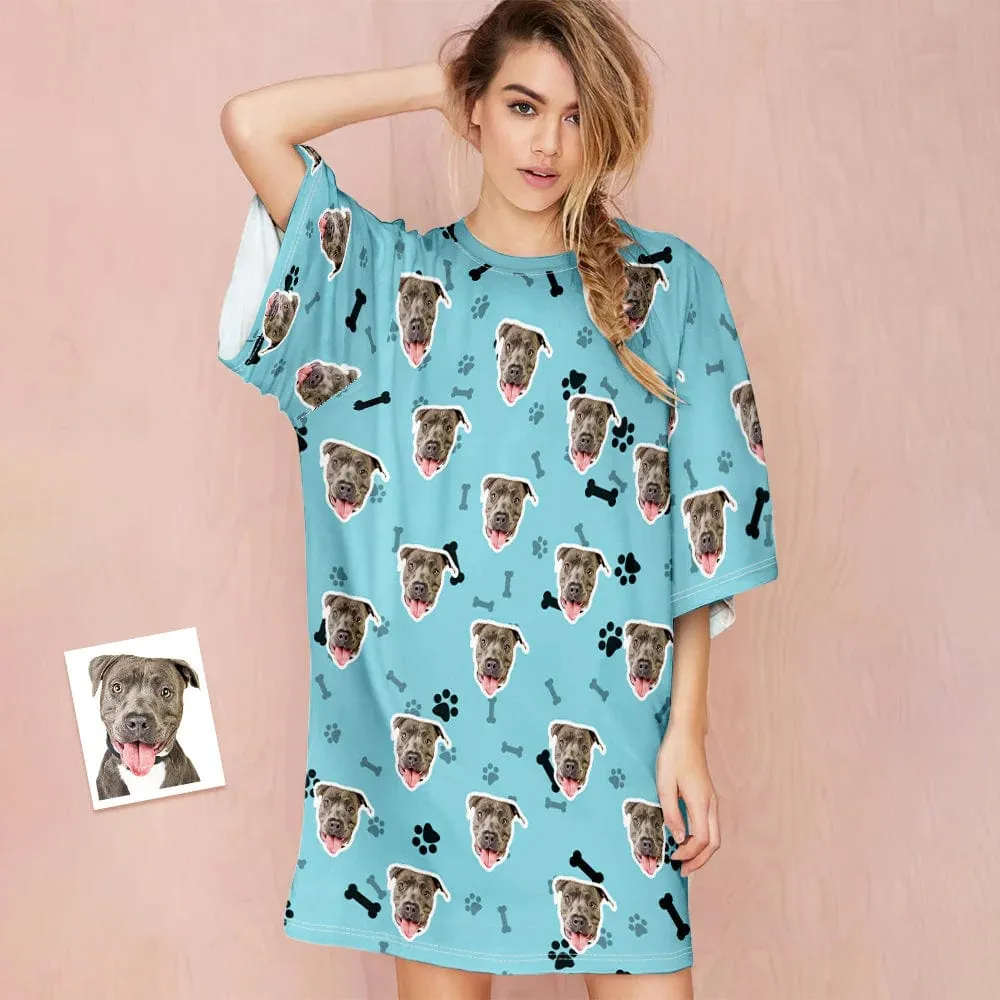 Custom Dog Face Nightdress Personalized Photo Women's Oversized Colorful Nightshirt Bone Gifts For Women