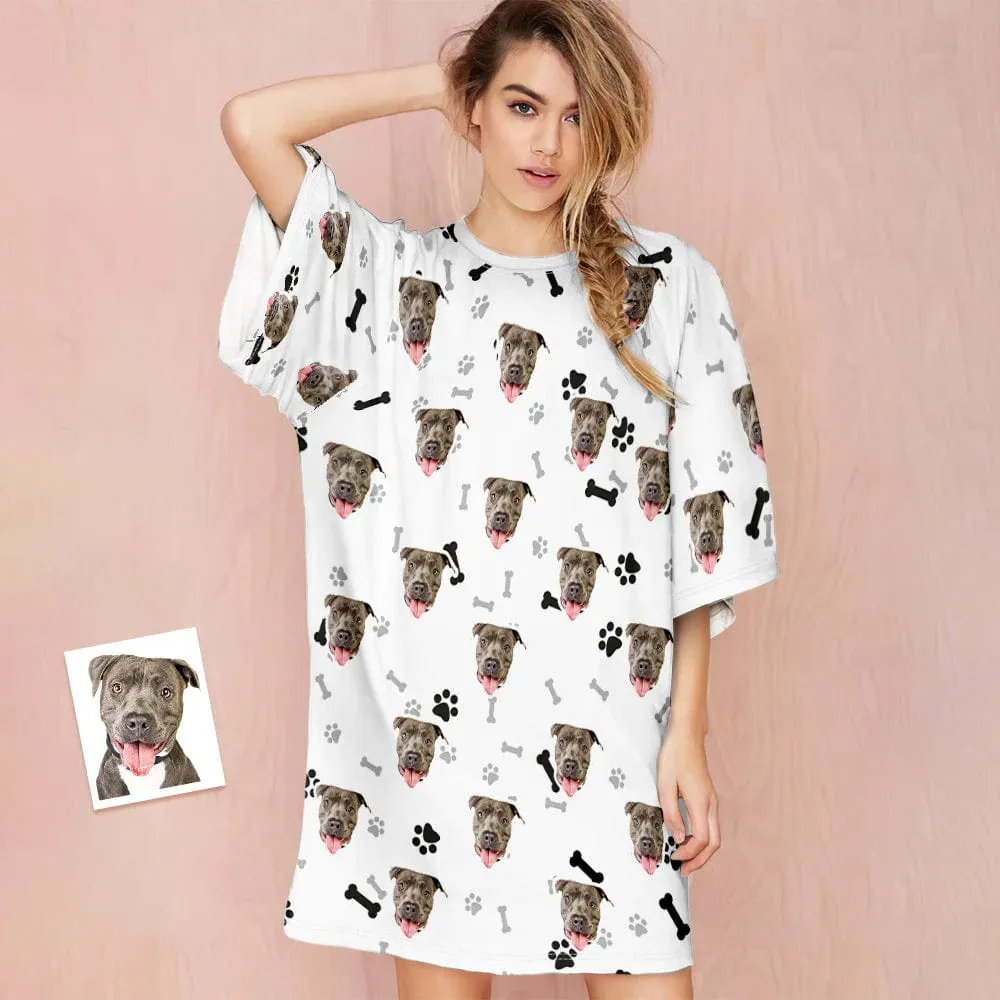 Custom Dog Face Nightdress Personalized Photo Women's Oversized Colorful Nightshirt Bone Gifts For Women