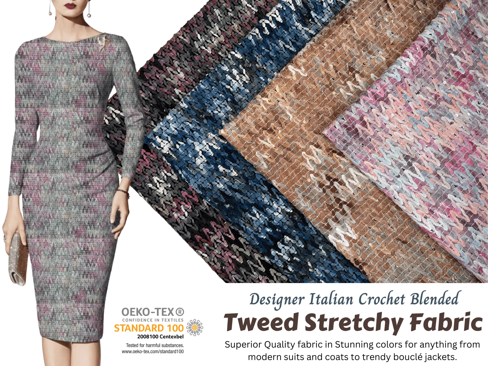 Designer Crochet stretchy blend tweed, Italian bouclette fabric