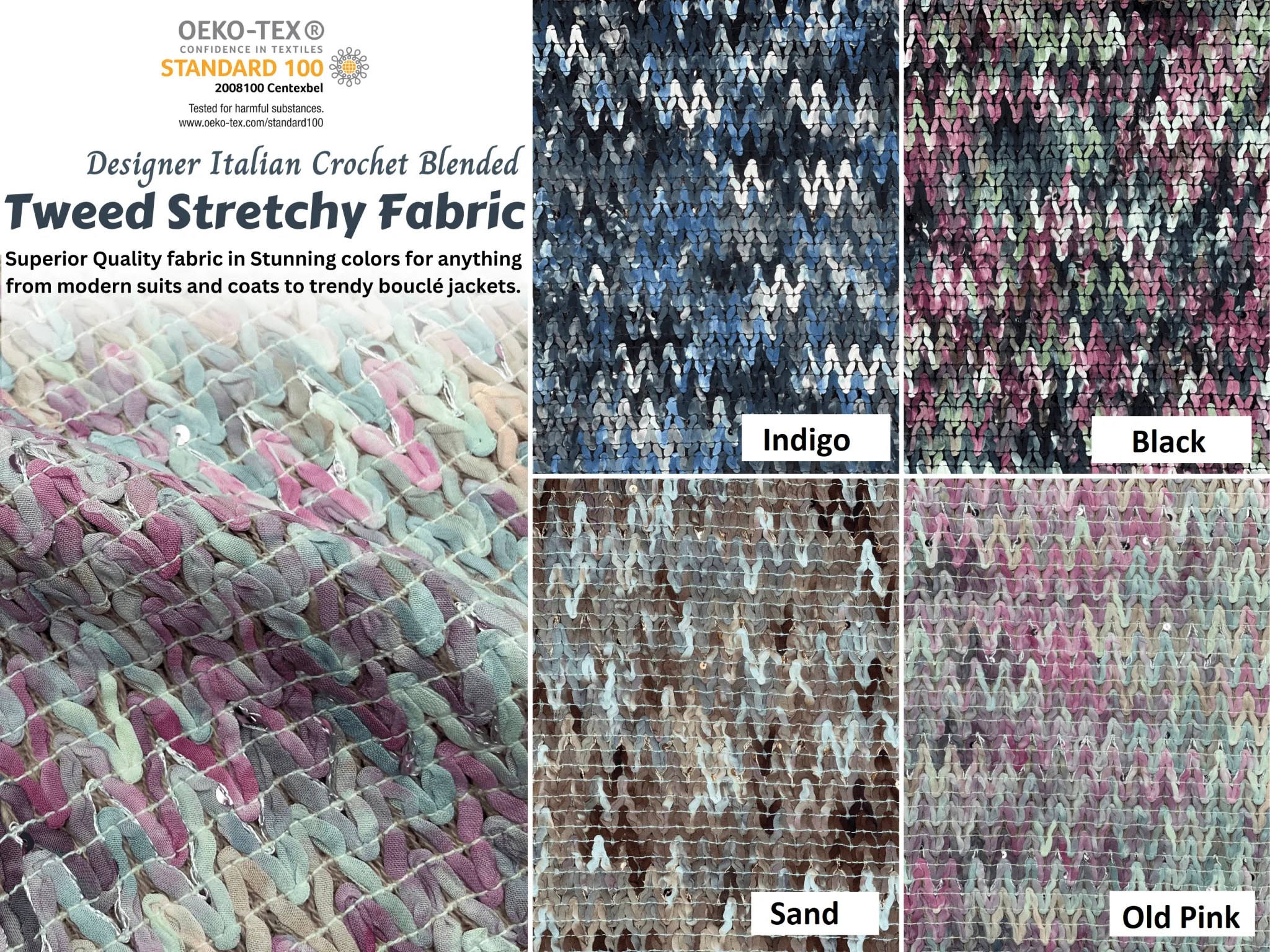 Designer Crochet stretchy blend tweed, Italian bouclette fabric