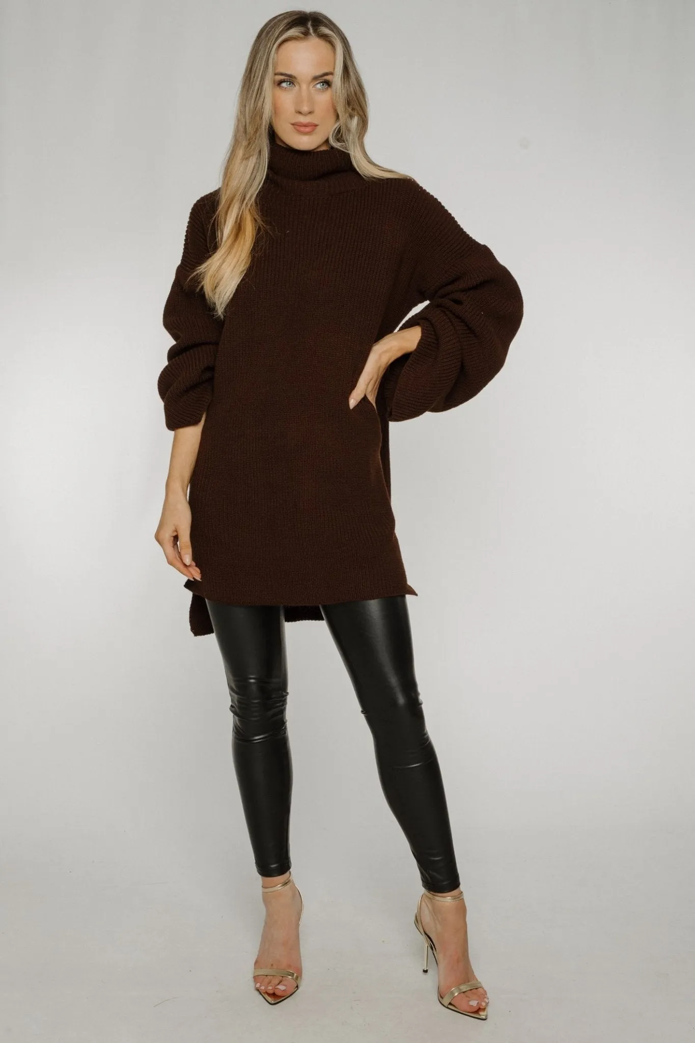 Ella Longline Polo Neck Jumper In Chocolate