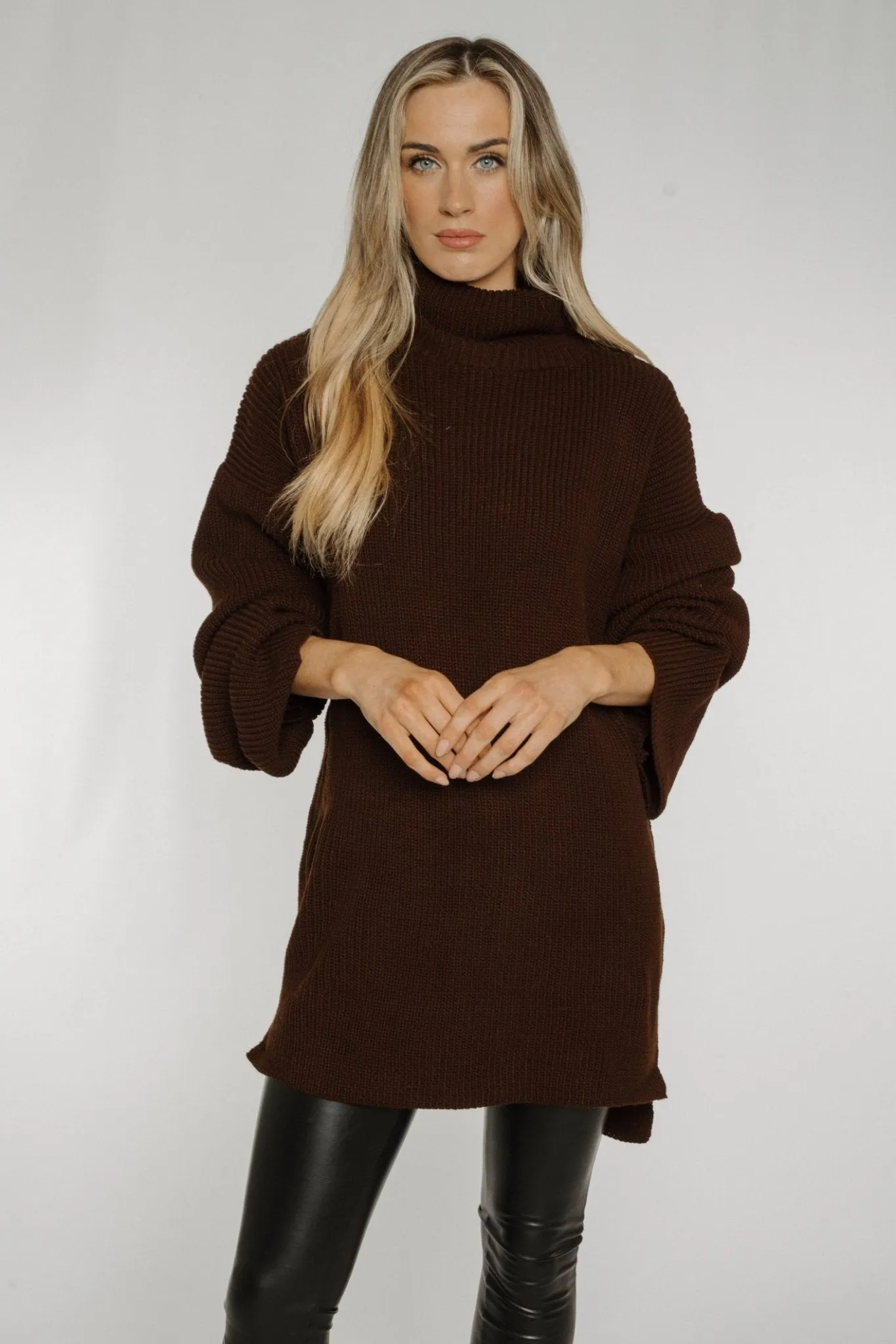 Ella Longline Polo Neck Jumper In Chocolate