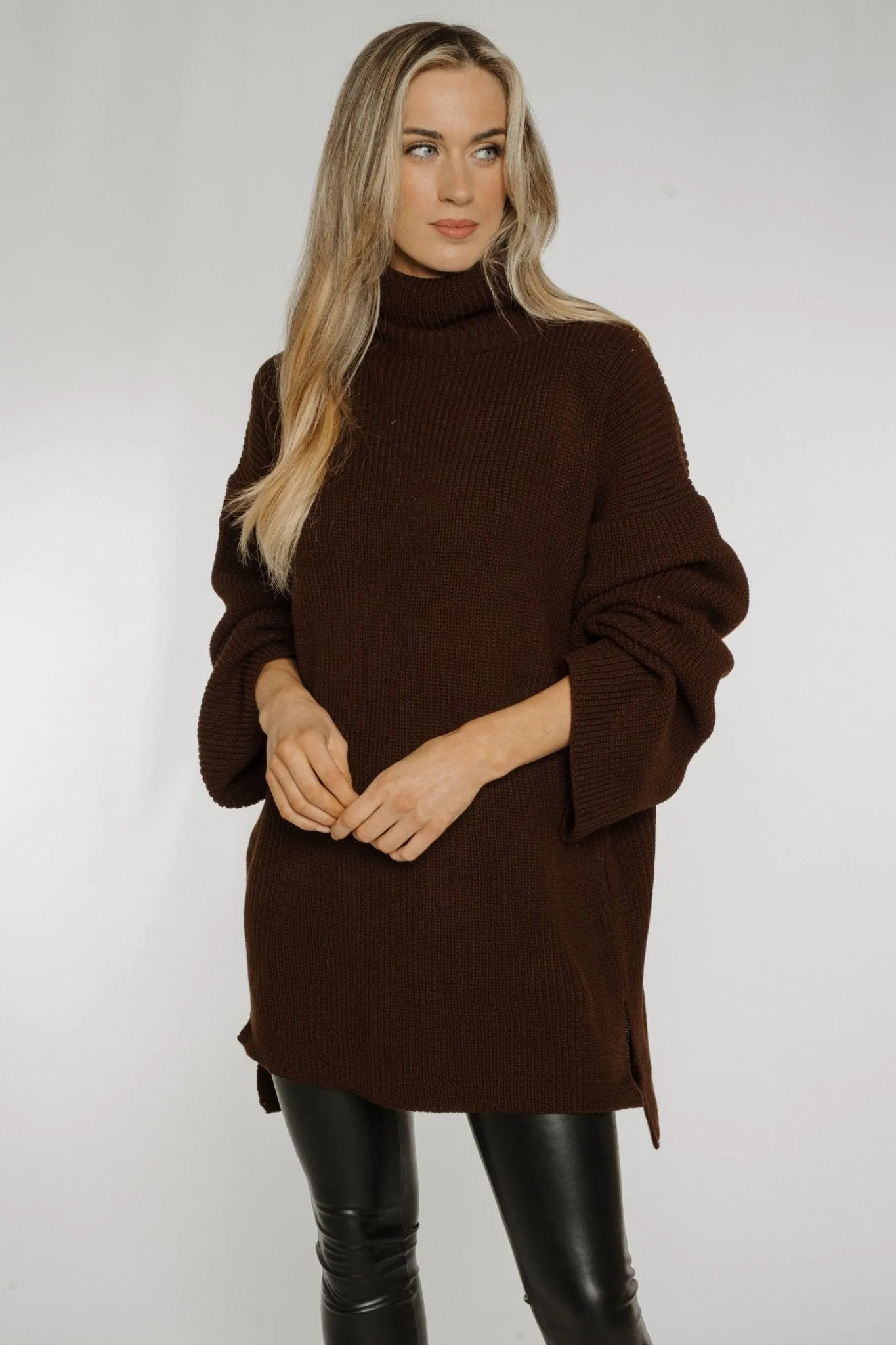 Ella Longline Polo Neck Jumper In Chocolate