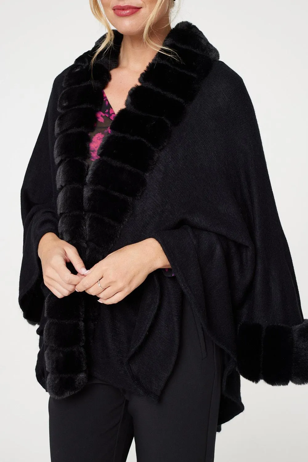 Faux Fur Longline Hanky Hem Poncho