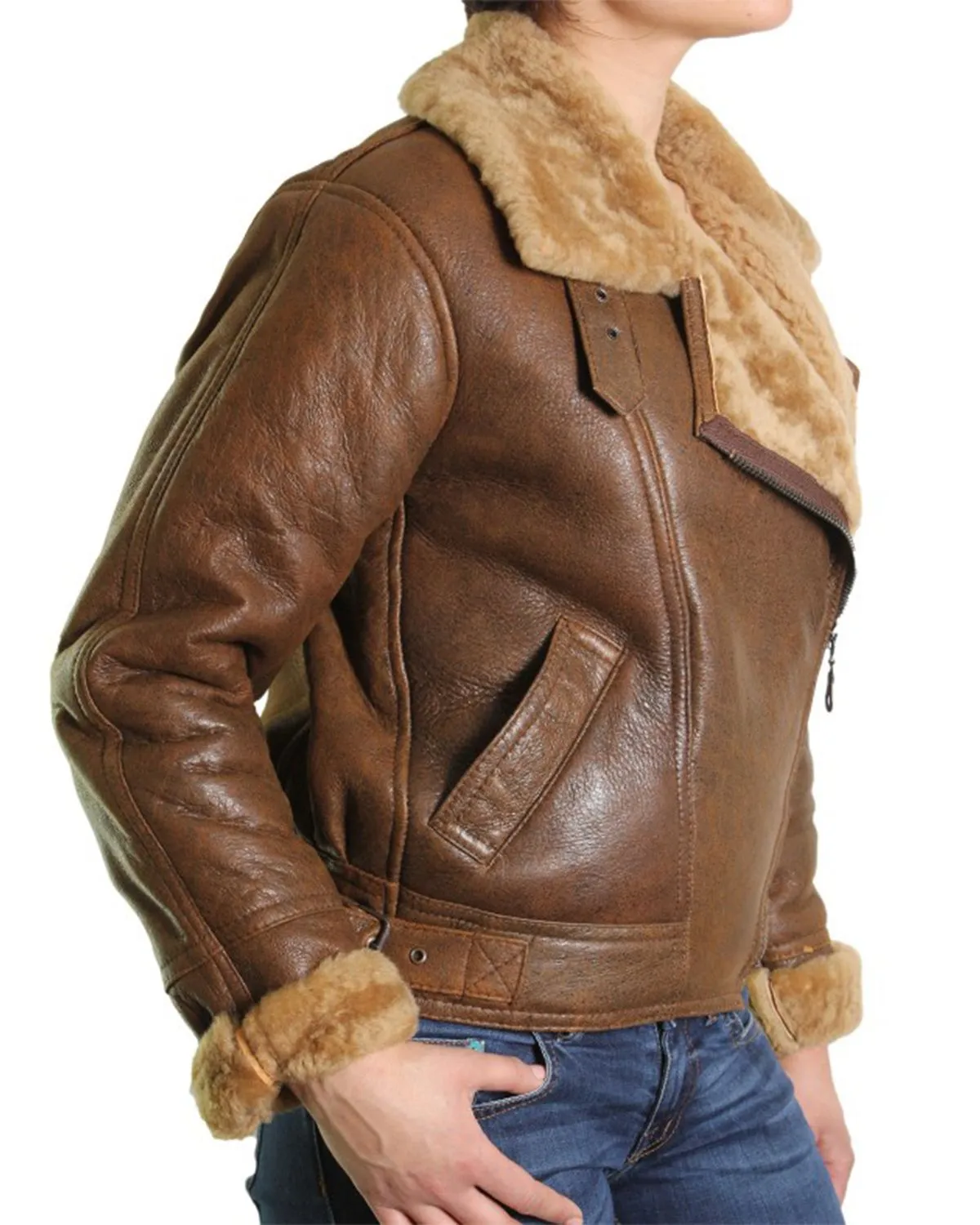 Female Faux Fur Shearling Bomber Aviator Leather Jacket By TJS