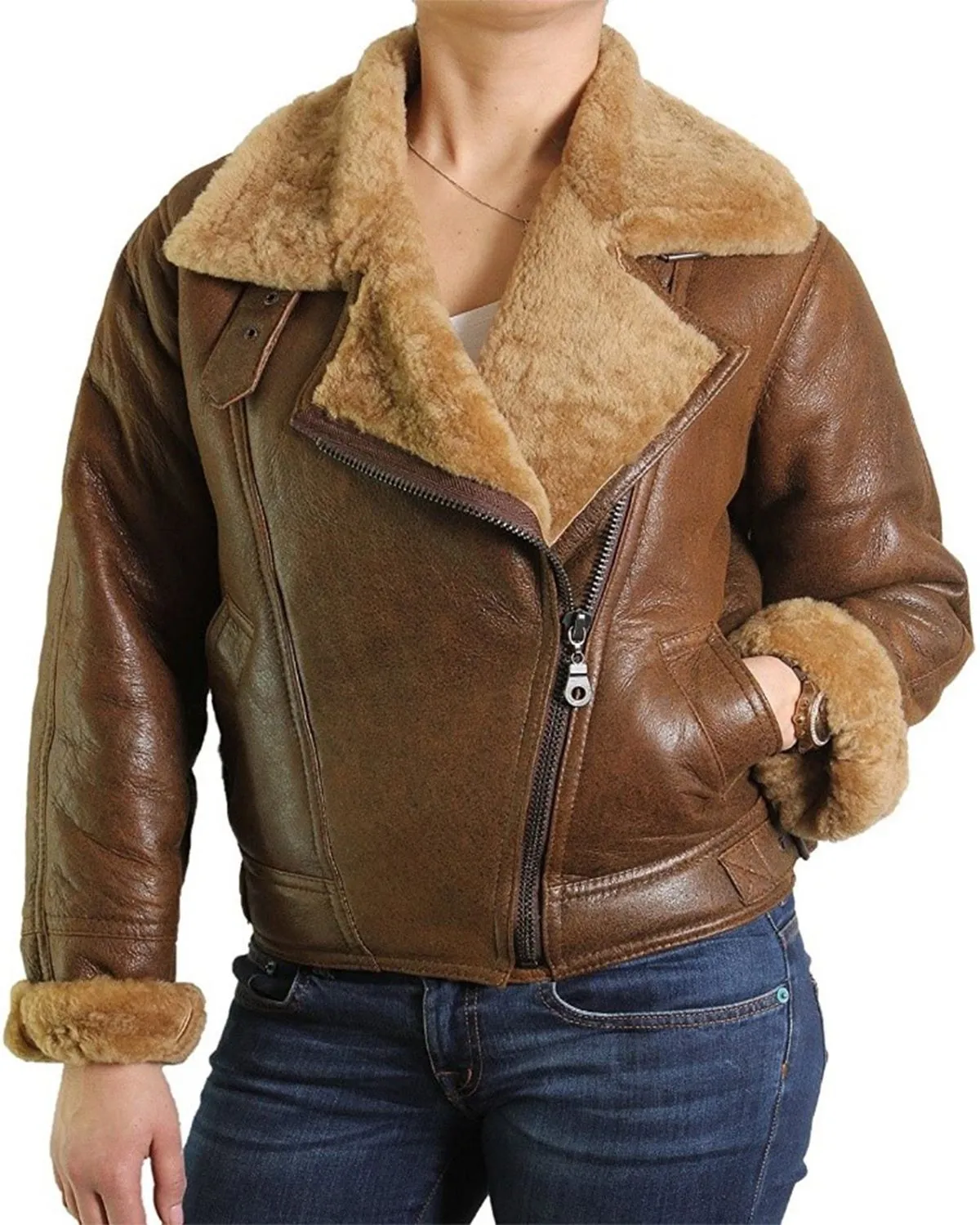 Female Faux Fur Shearling Bomber Aviator Leather Jacket By TJS