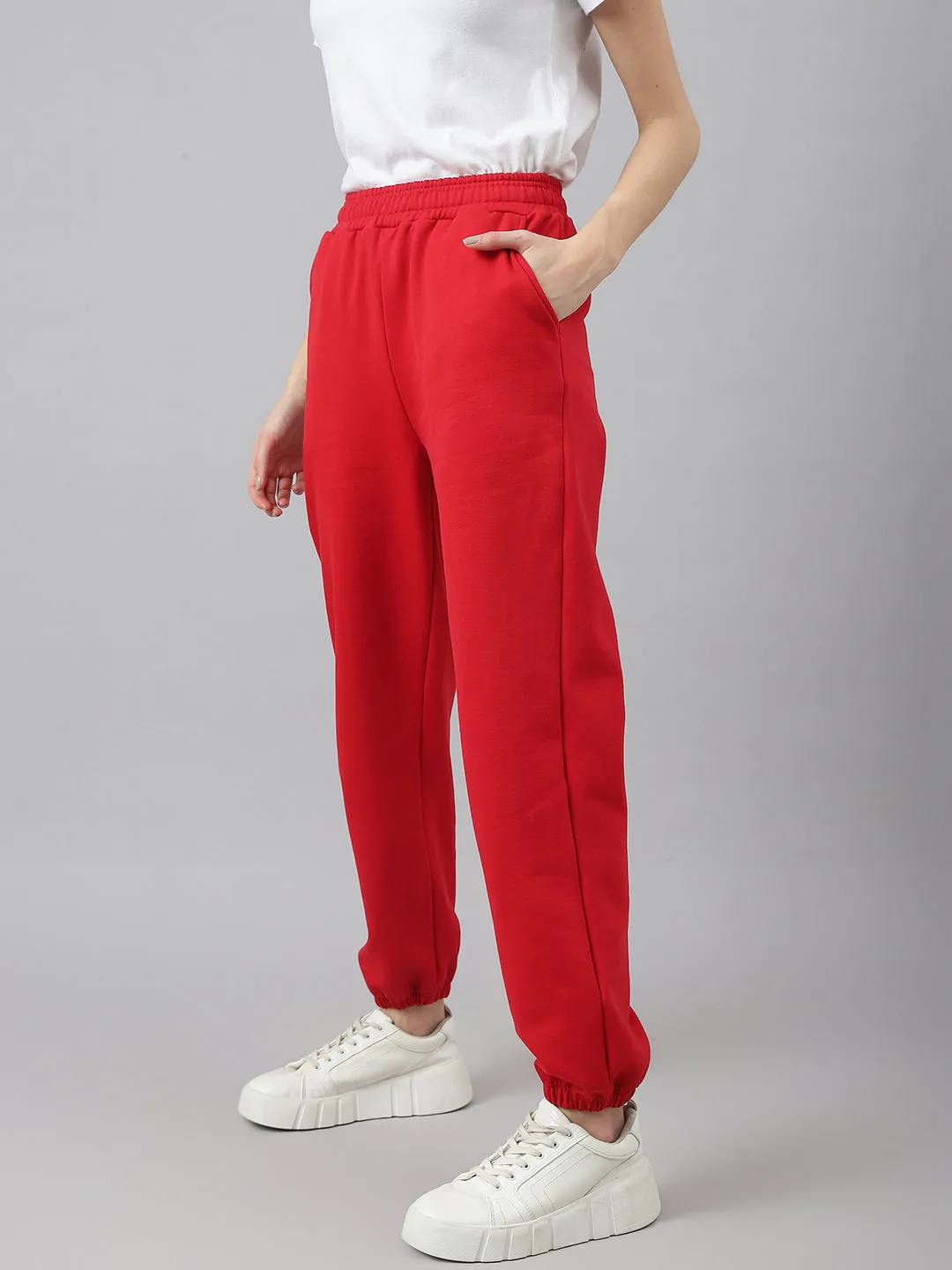 Fitkin Women Red Solid Oversized Fleece Jogger Pants