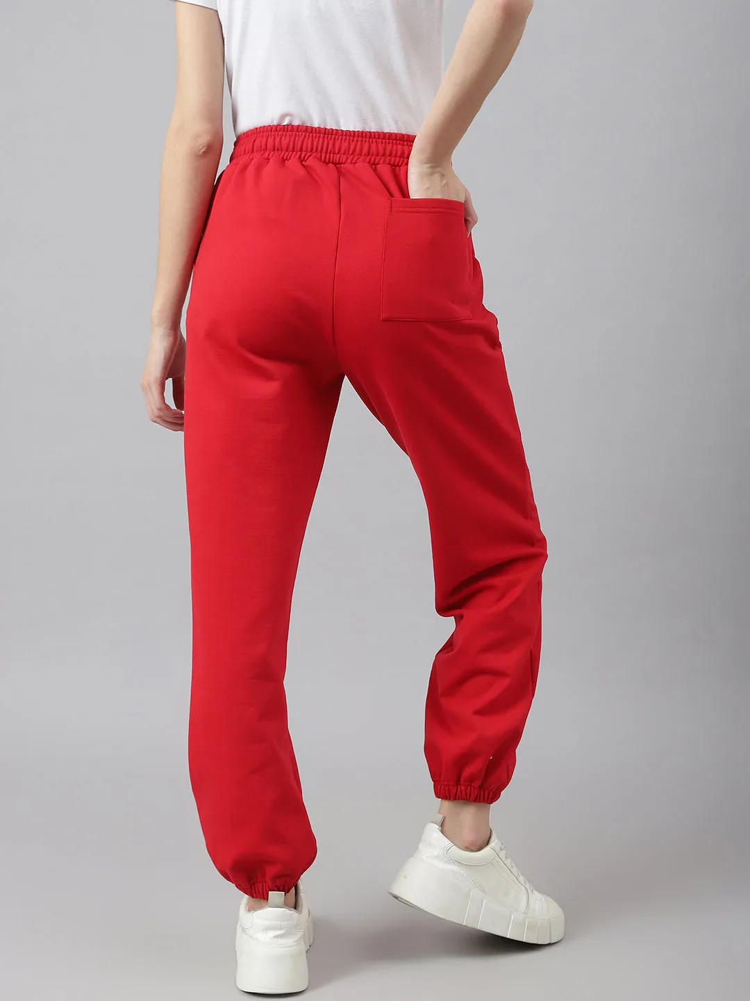 Fitkin Women Red Solid Oversized Fleece Jogger Pants