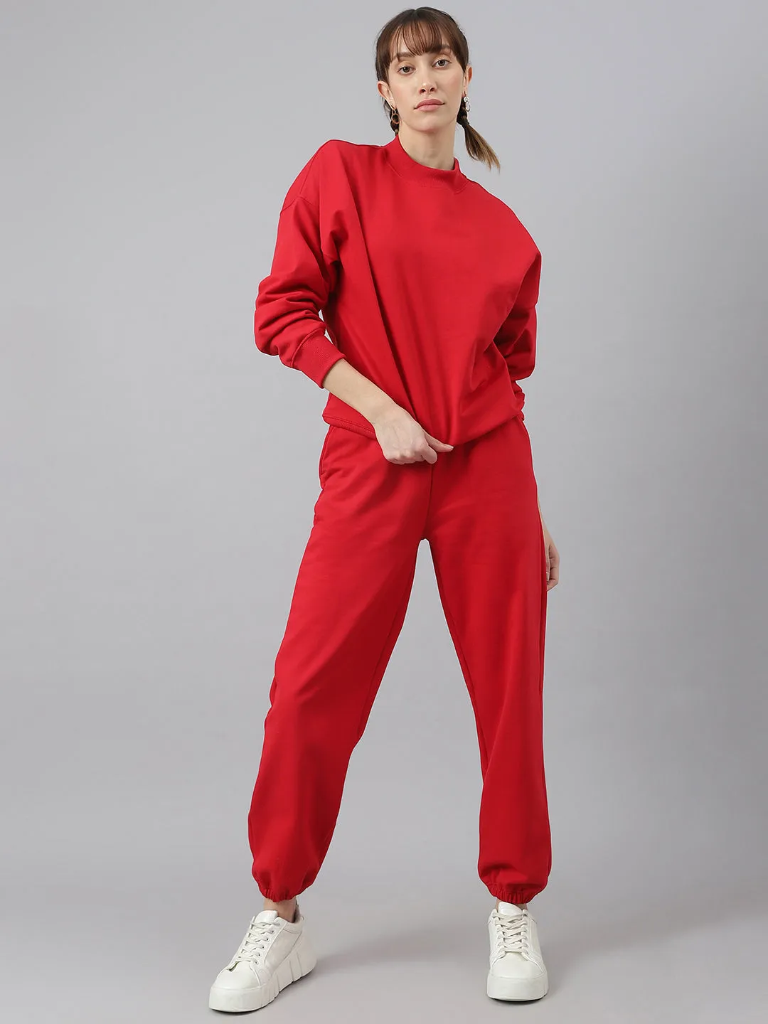 Fitkin Women Red Solid Oversized Fleece Jogger Pants