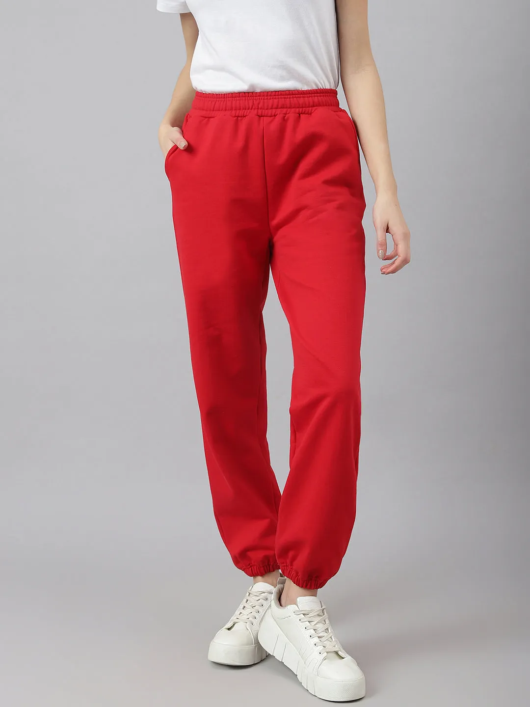 Fitkin Women Red Solid Oversized Fleece Jogger Pants