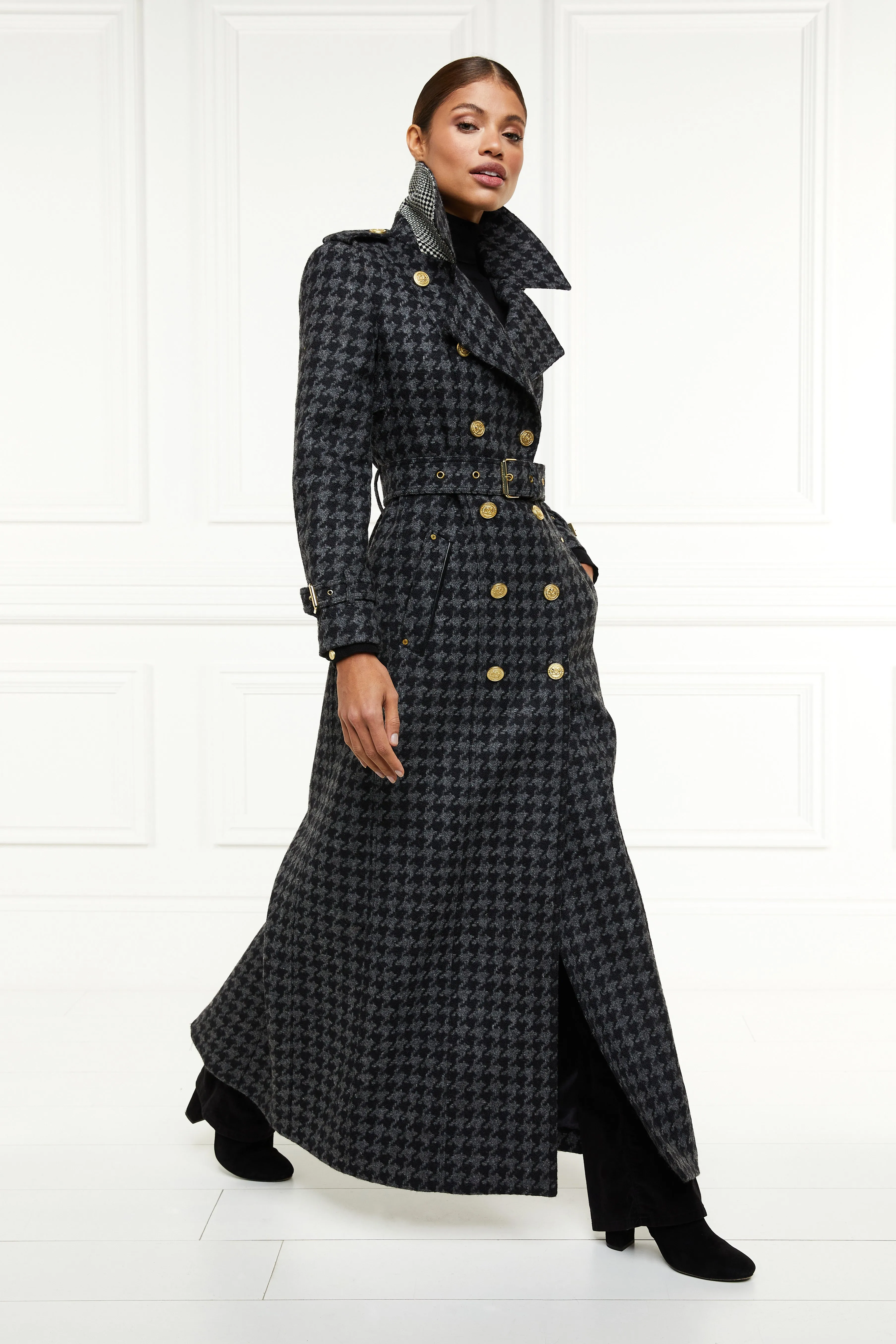 Full Length Chelsea Trench Coat (Large Scale Charcoal Houndstooth)