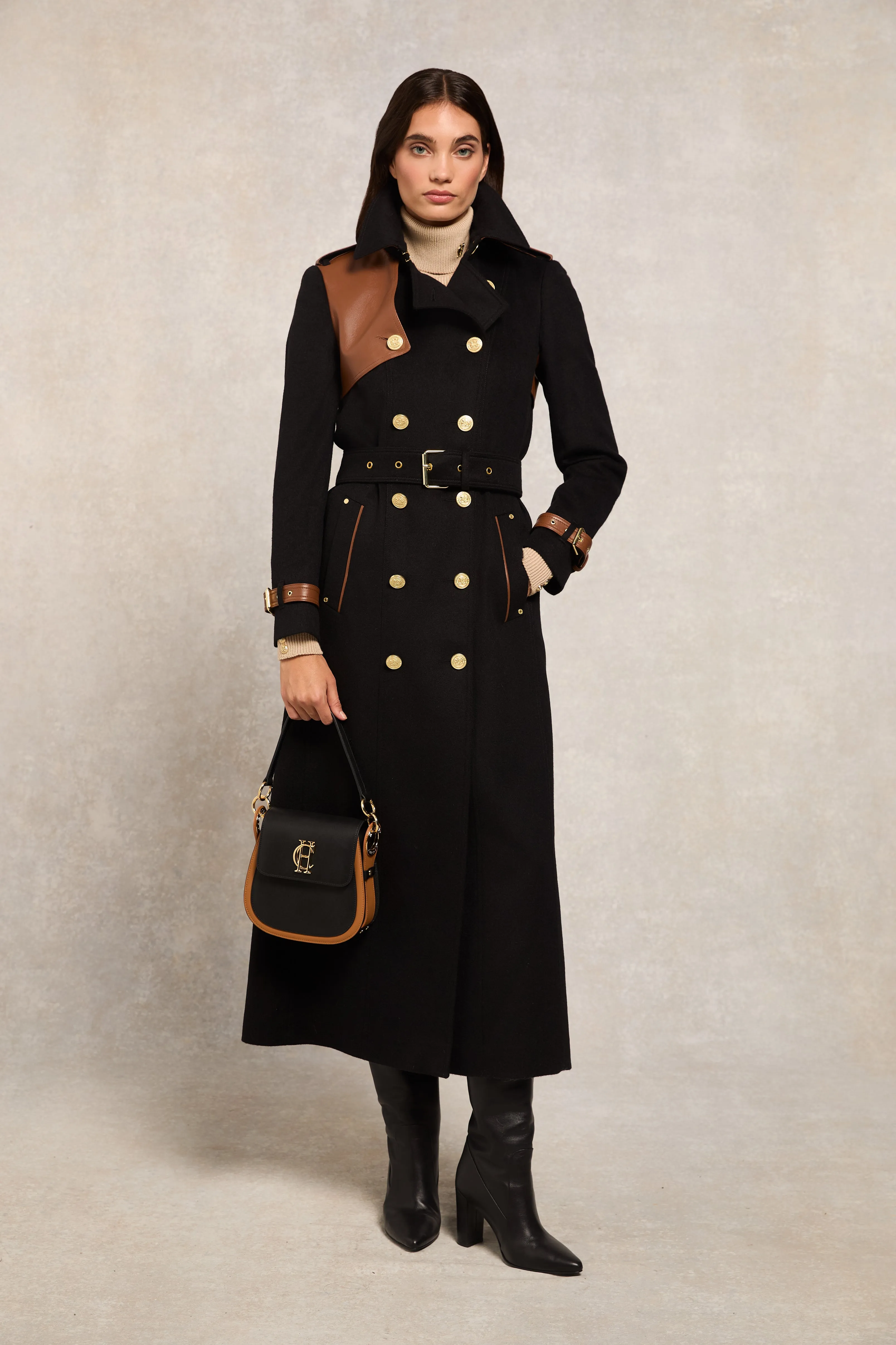 Full Length Marlborough Trench Coat (Soft Black Tan)