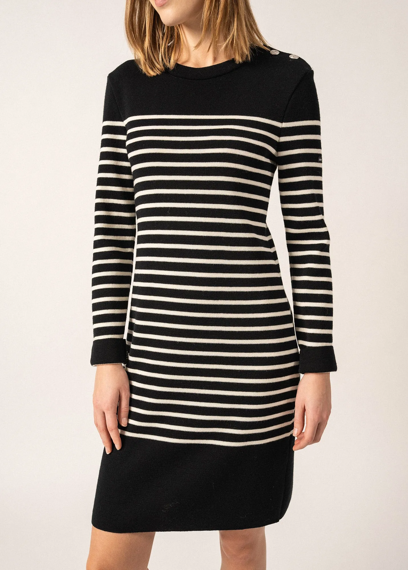 Grande Marée striped jumper dress - in wool, shoulder buttoning (NOIR/ECUME)