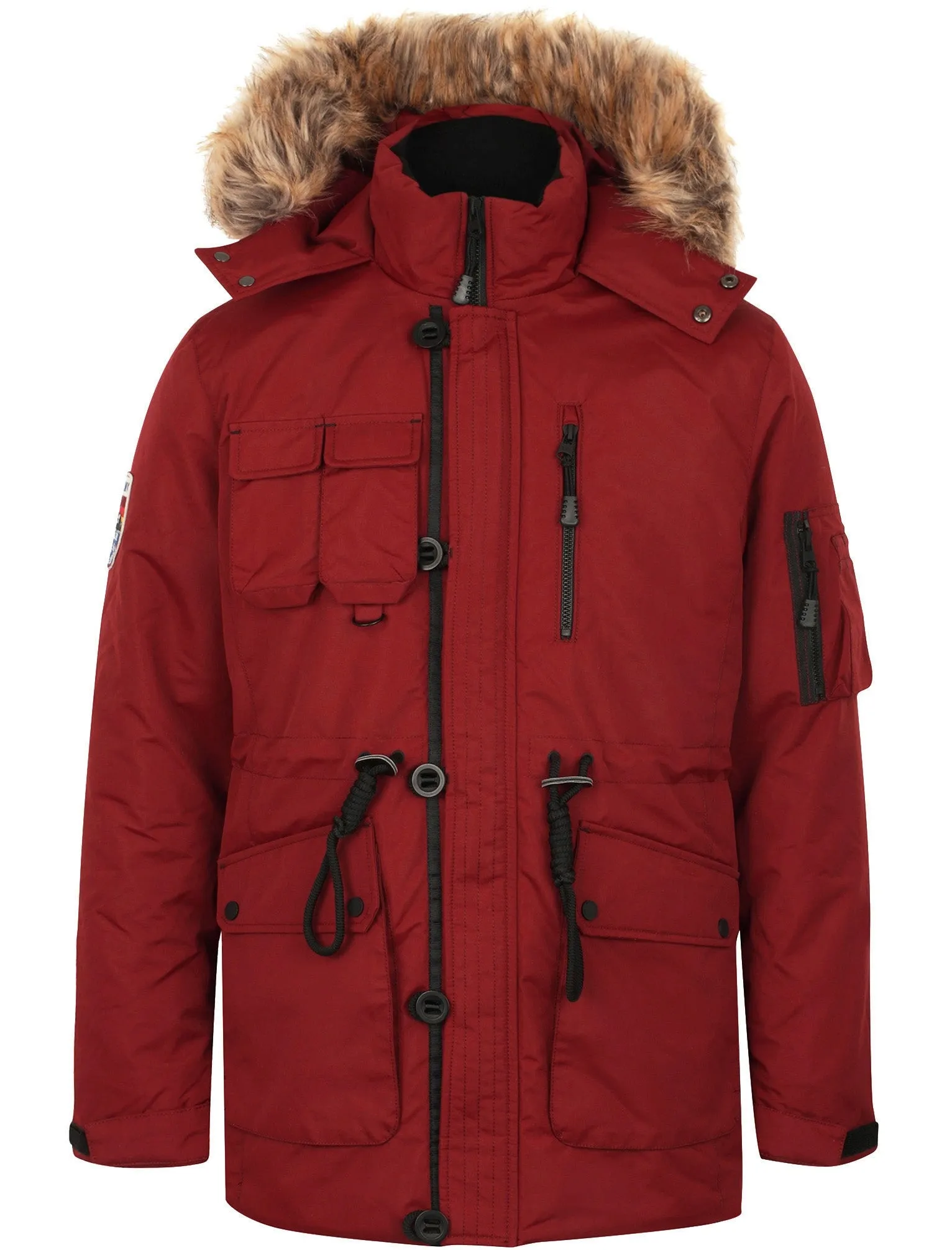 Helga Heavy Utility Parka Coat with Faux Fur Trim Hood in Cherry Red - Tokyo Laundry