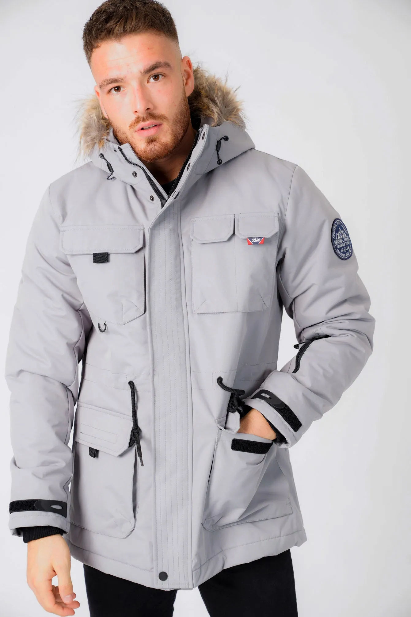 Hjalmar Utility Parka Coat with Fleece Lined Faux Fur Trim Hood in Light Griffin Grey - Tokyo Laundry