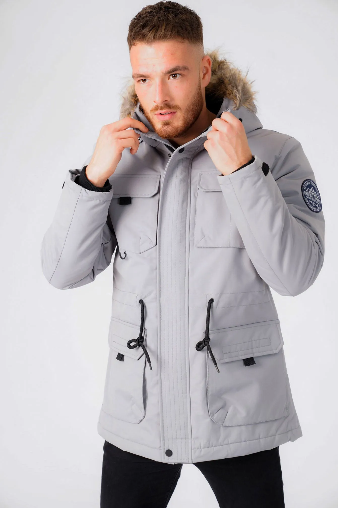 Hjalmar Utility Parka Coat with Fleece Lined Faux Fur Trim Hood in Light Griffin Grey - Tokyo Laundry