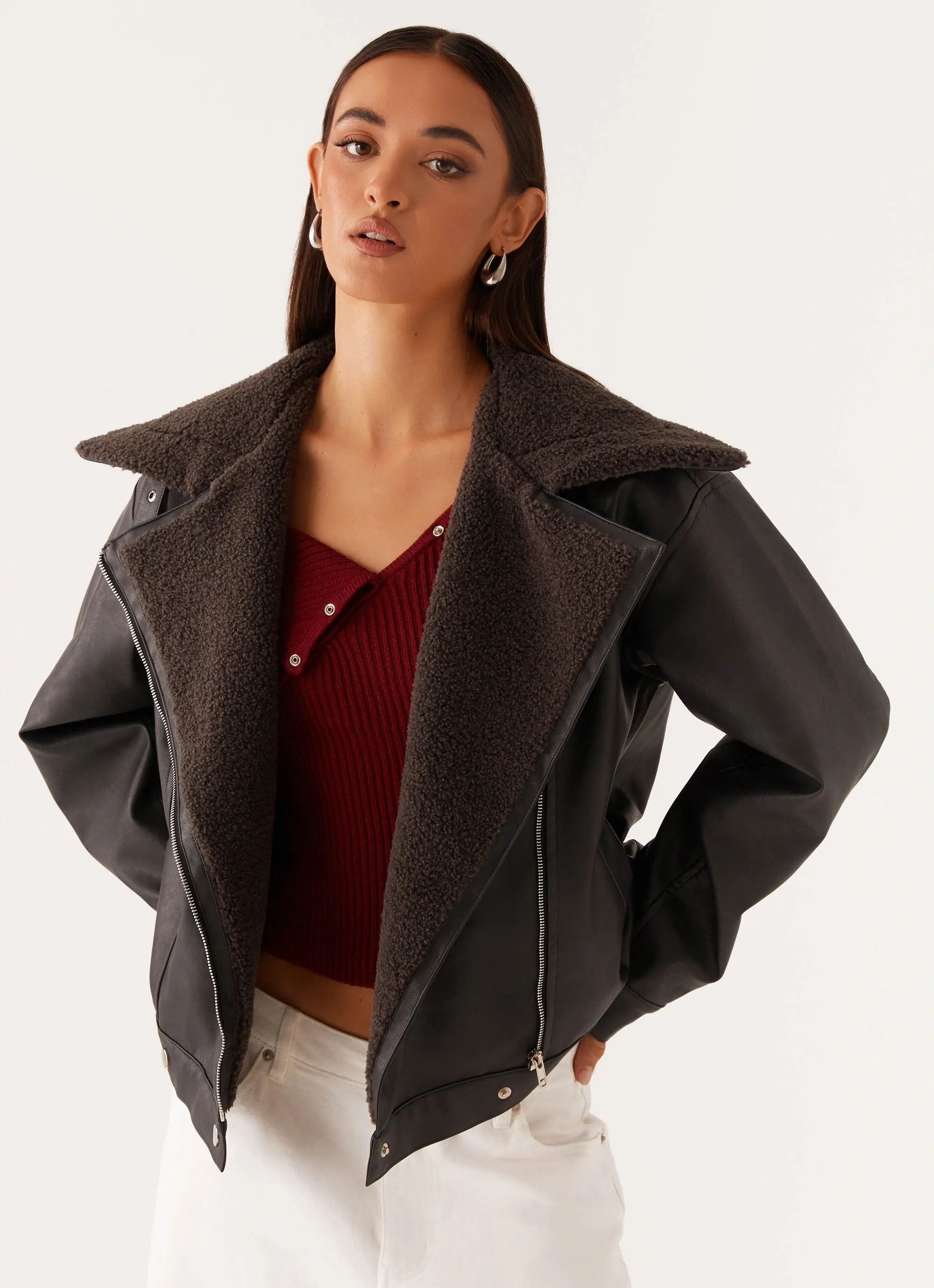 Inka PU Leather Shearling Jacket - Charcoal