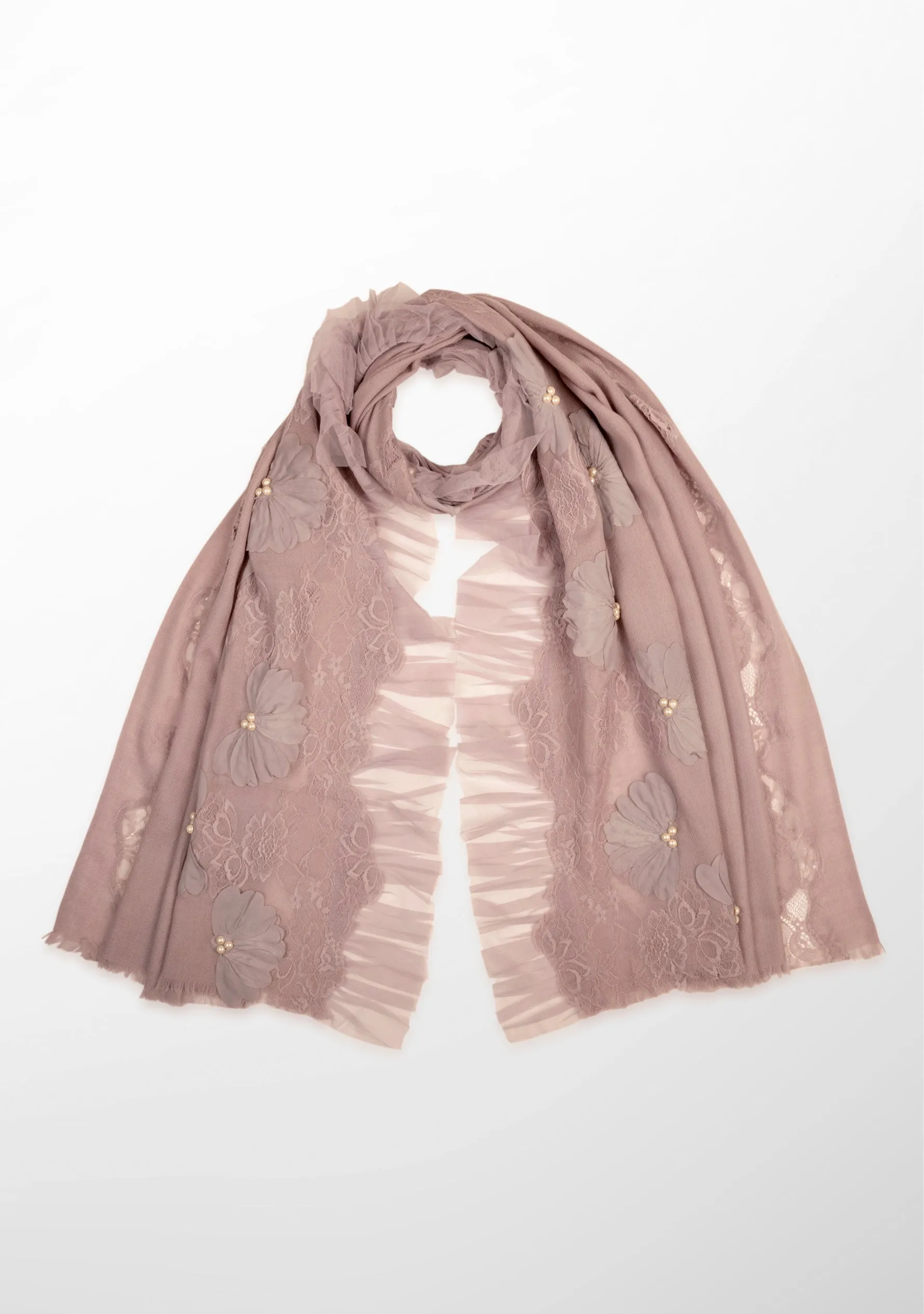 Lavender Cashmere Scarf with Pearls, Embroidery, Frill and Lace Detailing