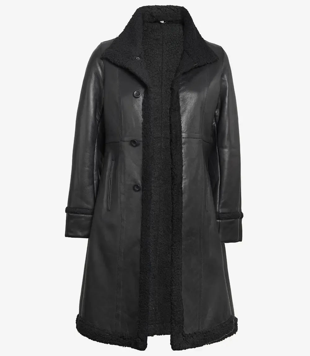 Maura Real Leather Black Shearling Long Coat Womens