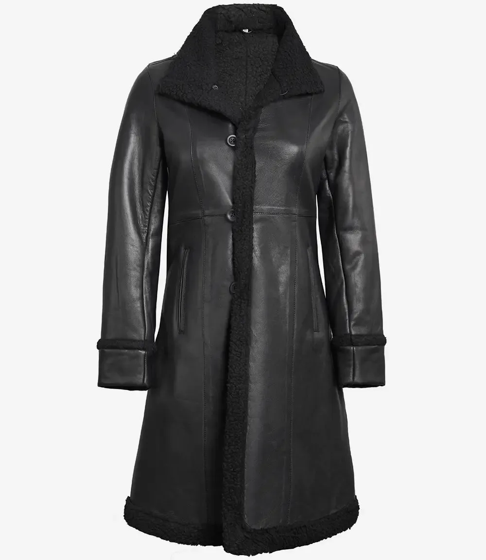 Maura Real Leather Black Shearling Long Coat Womens