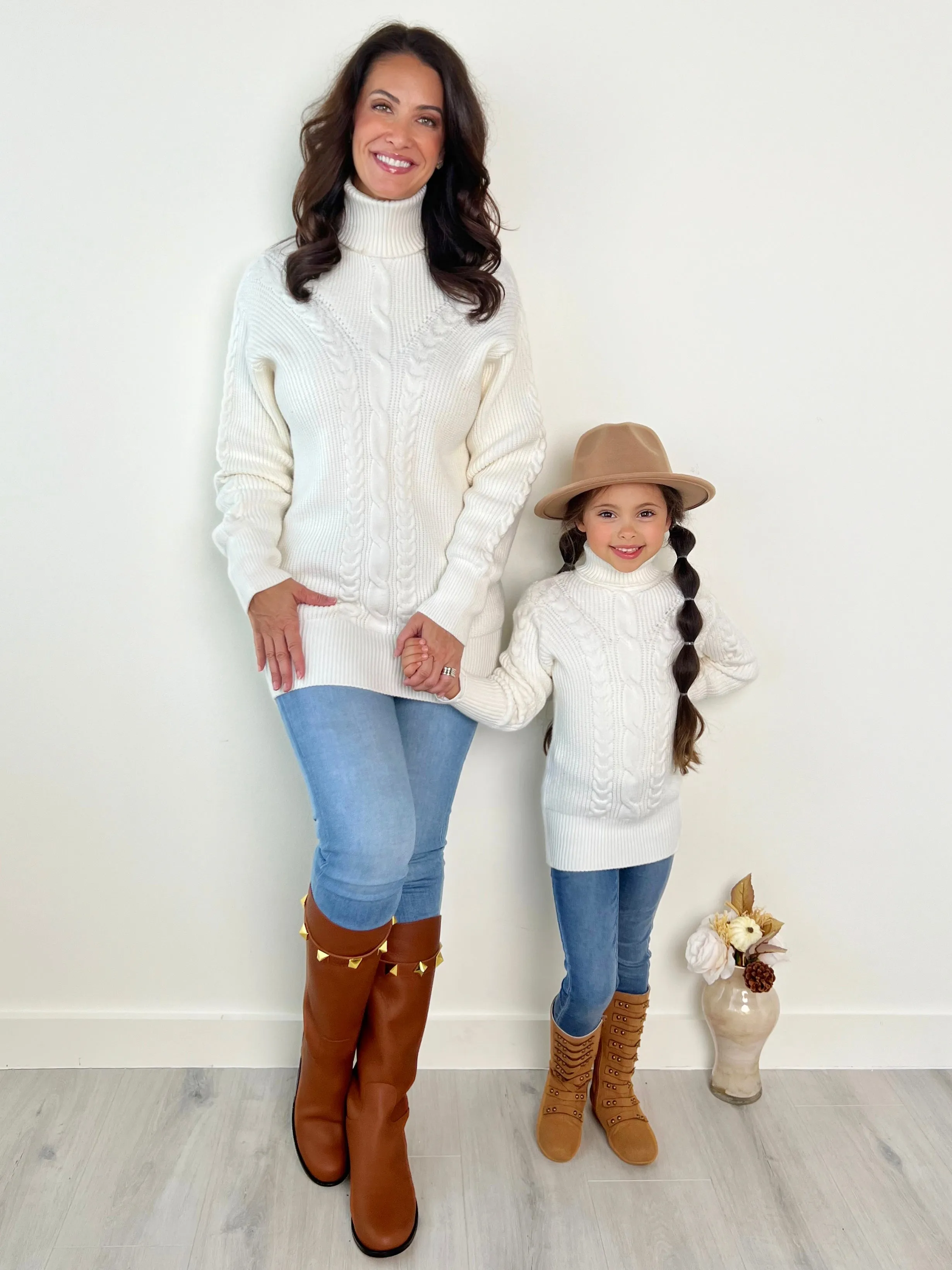 Mommy and Me Cream Oversized Cable Knit Sweater