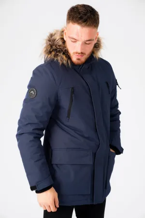 Nolte Utility Parka Coat with Borg Lined Faux Fur Trim Hood in Navy - Tokyo Laundry