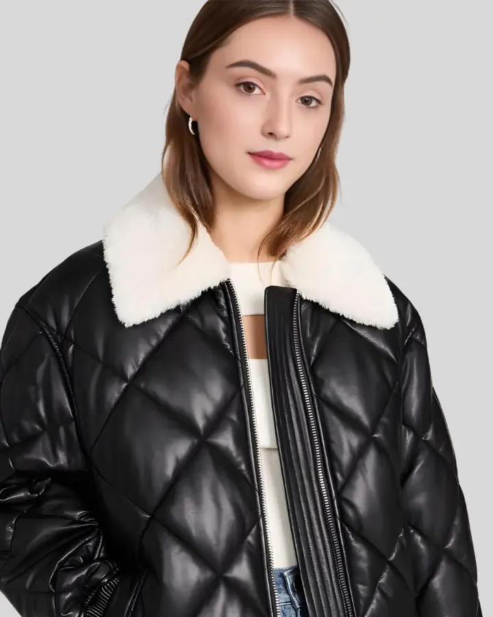 Nordic Luxe Quilted Black Bomber Leather Jacket with Shearling Collar