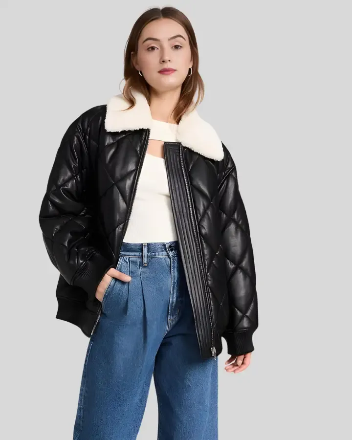 Nordic Luxe Quilted Black Bomber Leather Jacket with Shearling Collar