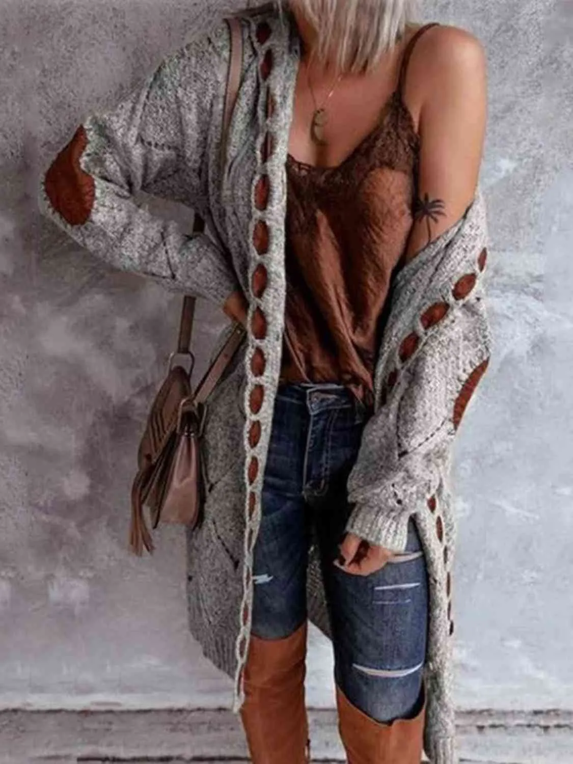 Openwork Long Sleeve Open Front Hooded Cardigan