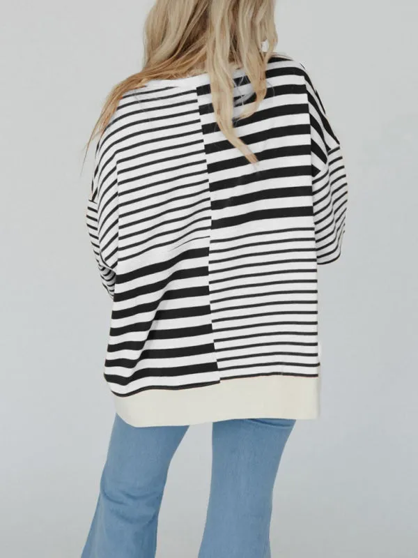 Oversized High-Low & Bold Stripes Half Button Up Pullover Top