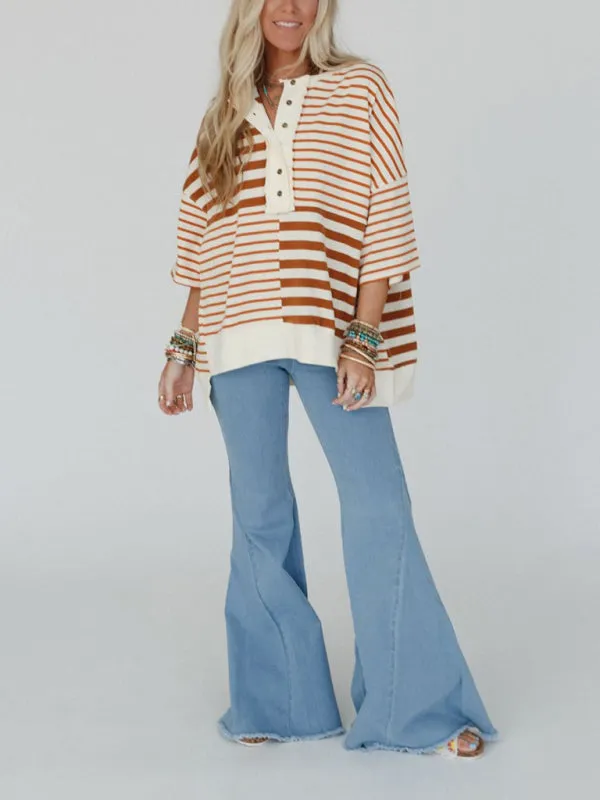 Oversized High-Low & Bold Stripes Half Button Up Pullover Top