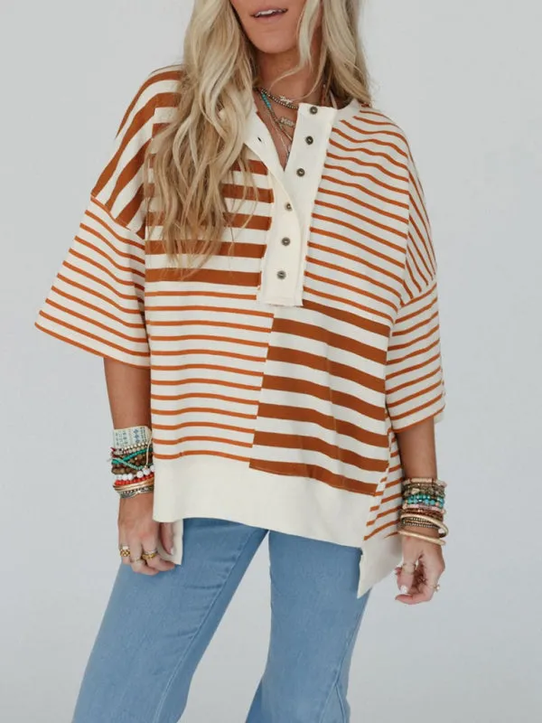 Oversized High-Low & Bold Stripes Half Button Up Pullover Top