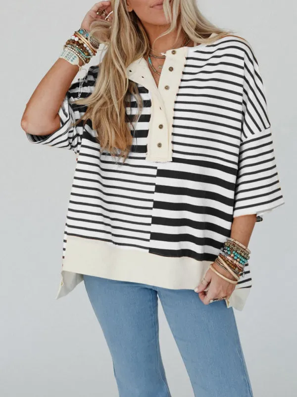 Oversized High-Low & Bold Stripes Half Button Up Pullover Top