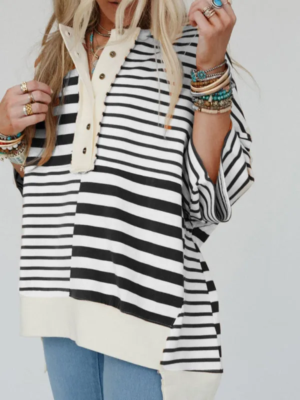 Oversized High-Low & Bold Stripes Half Button Up Pullover Top