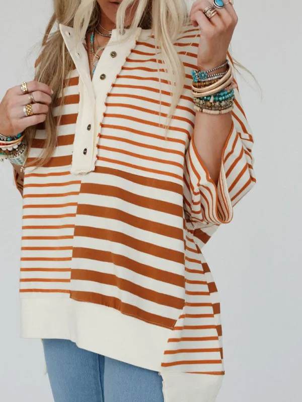 Oversized High-Low & Bold Stripes Half Button Up Pullover Top