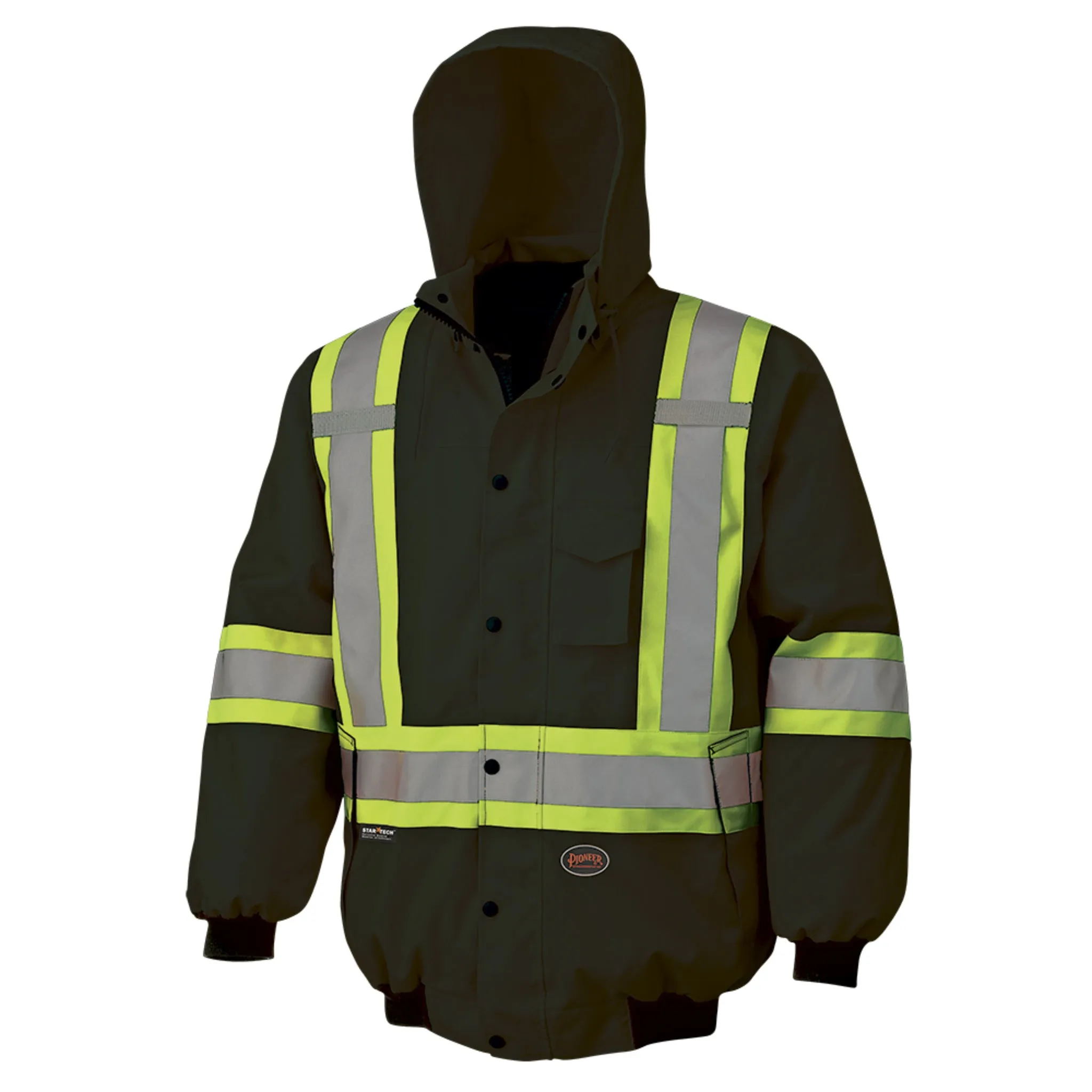 Pioneer Men's Hi Vis 6-in-1 Winter Work Bomber, CSA Certified, Reflective Stripes, Water & Windproof, 300D Poly, Versatile Safety | Sizes XS-5XL