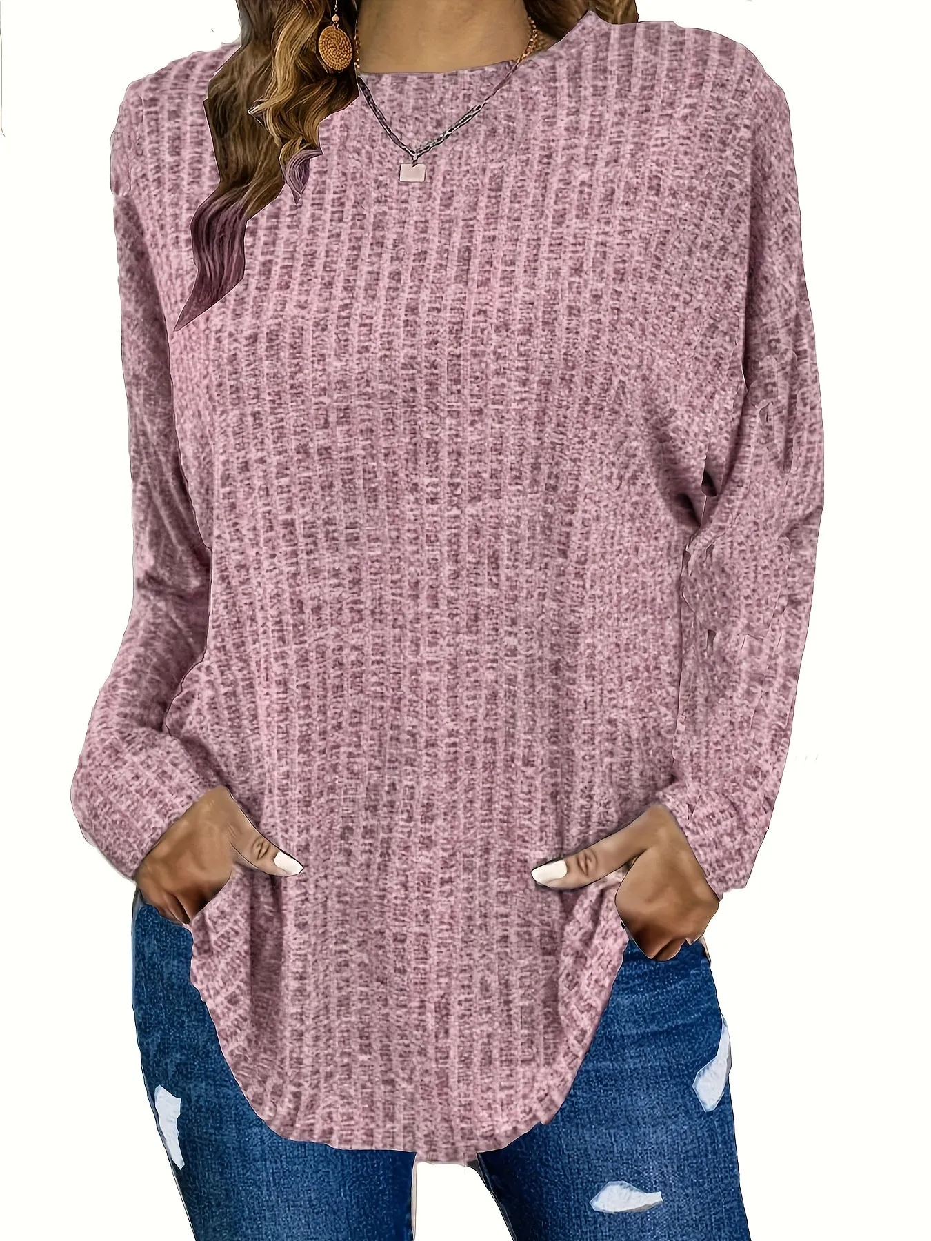 Plus Size Chic Knit Sweater - Comfortable & Cozy Women's Ribbed Long Sleeve Top - Ideal for Casual Outings & Everyday Wear