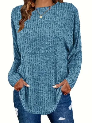 Plus Size Chic Knit Sweater - Comfortable & Cozy Women's Ribbed Long Sleeve Top - Ideal for Casual Outings & Everyday Wear