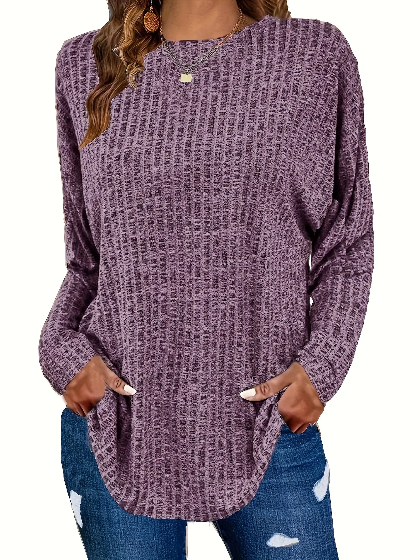 Plus Size Chic Knit Sweater - Comfortable & Cozy Women's Ribbed Long Sleeve Top - Ideal for Casual Outings & Everyday Wear