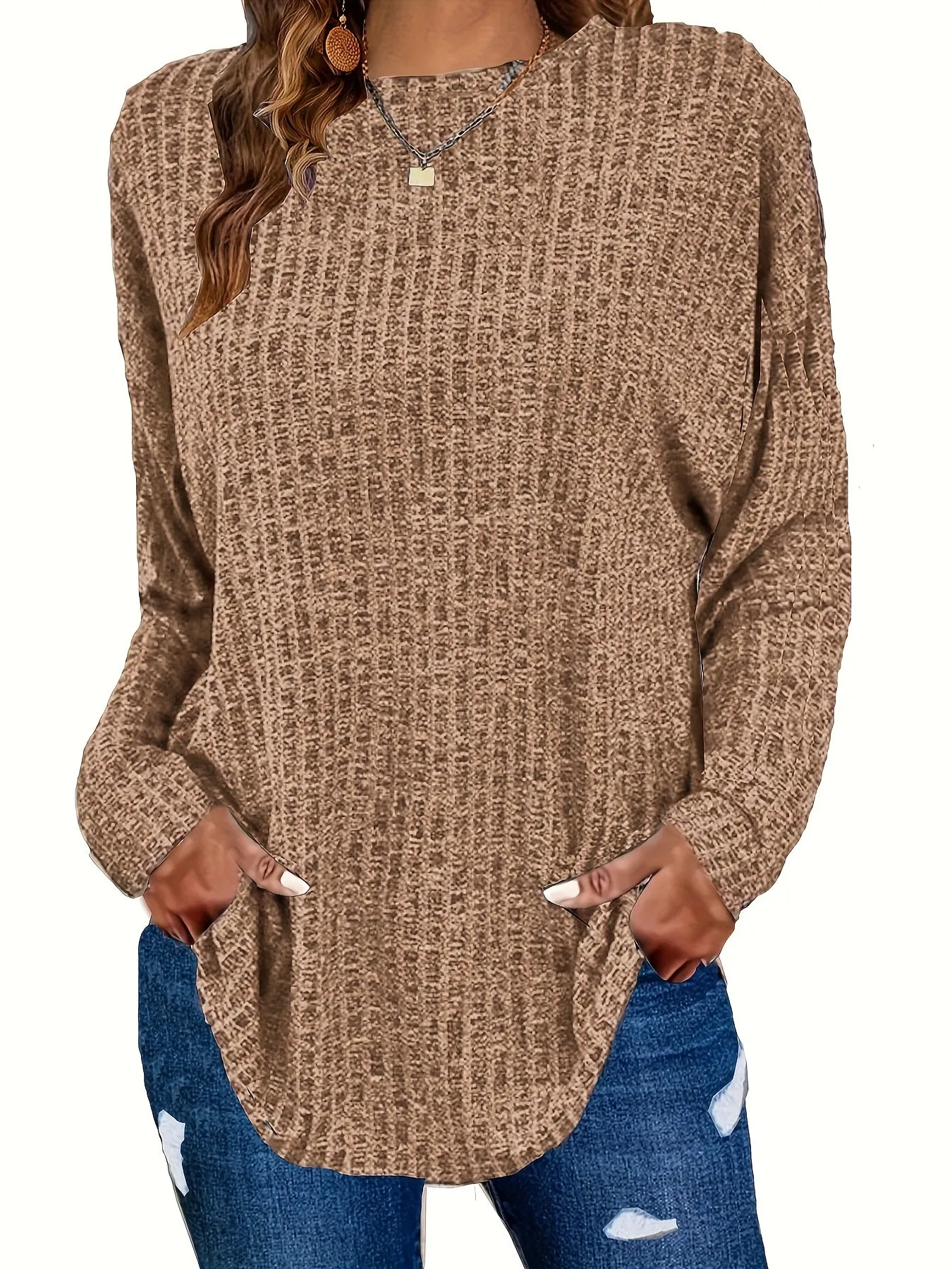 Plus Size Chic Knit Sweater - Comfortable & Cozy Women's Ribbed Long Sleeve Top - Ideal for Casual Outings & Everyday Wear