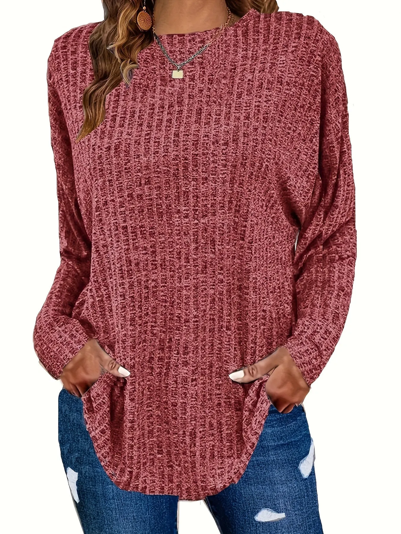 Plus Size Chic Knit Sweater - Comfortable & Cozy Women's Ribbed Long Sleeve Top - Ideal for Casual Outings & Everyday Wear