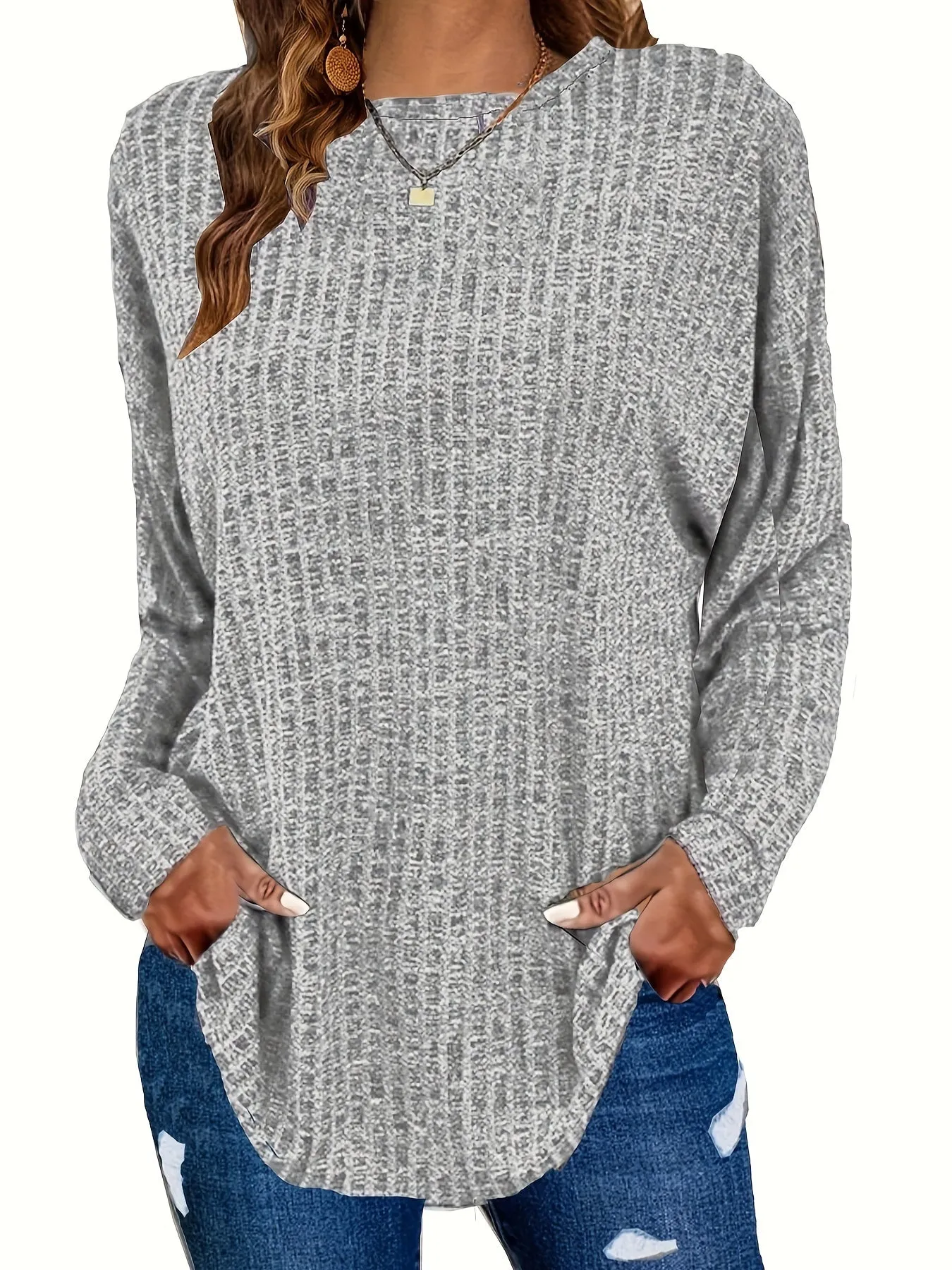 Plus Size Chic Knit Sweater - Comfortable & Cozy Women's Ribbed Long Sleeve Top - Ideal for Casual Outings & Everyday Wear