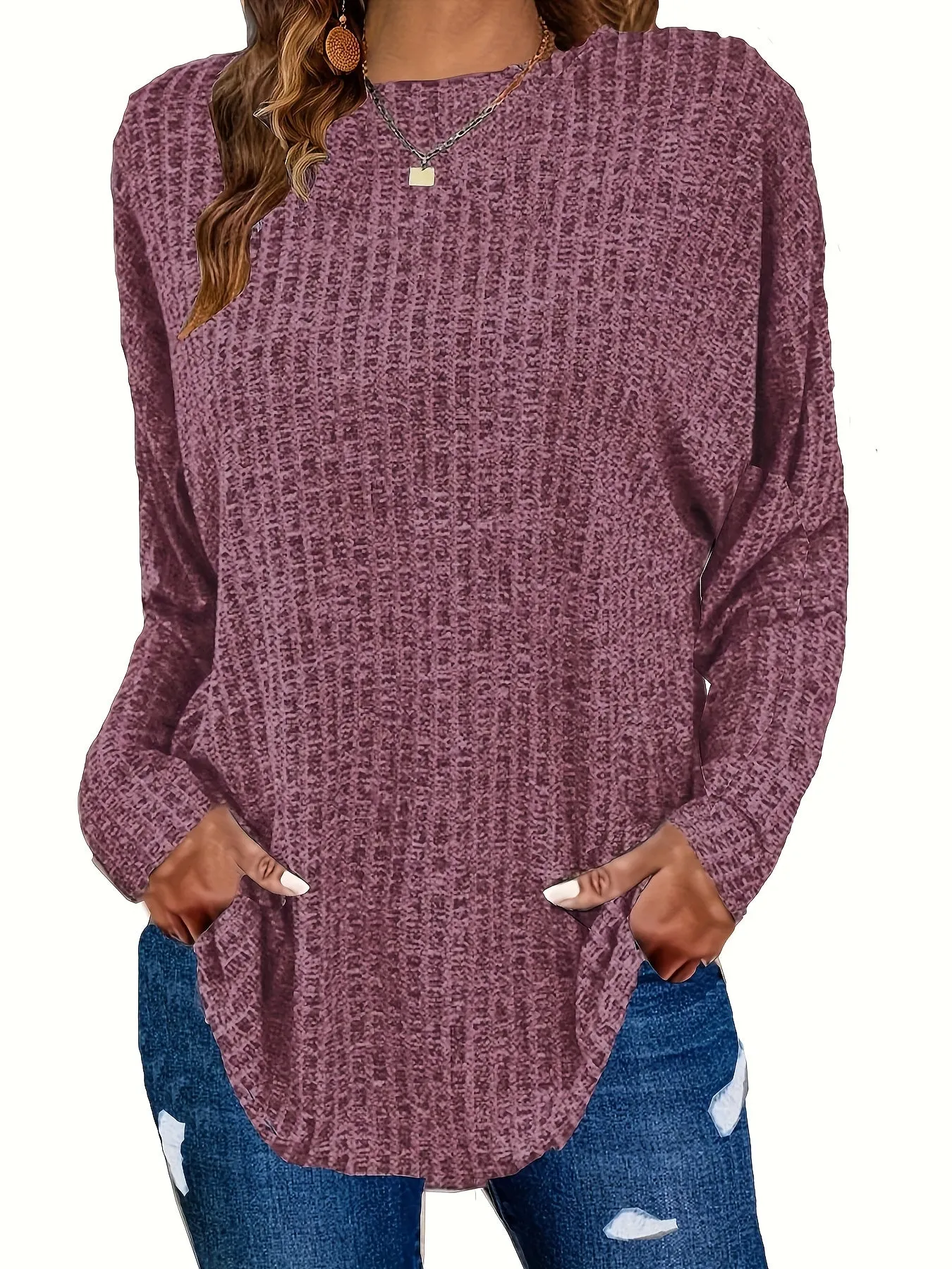 Plus Size Chic Knit Sweater - Comfortable & Cozy Women's Ribbed Long Sleeve Top - Ideal for Casual Outings & Everyday Wear