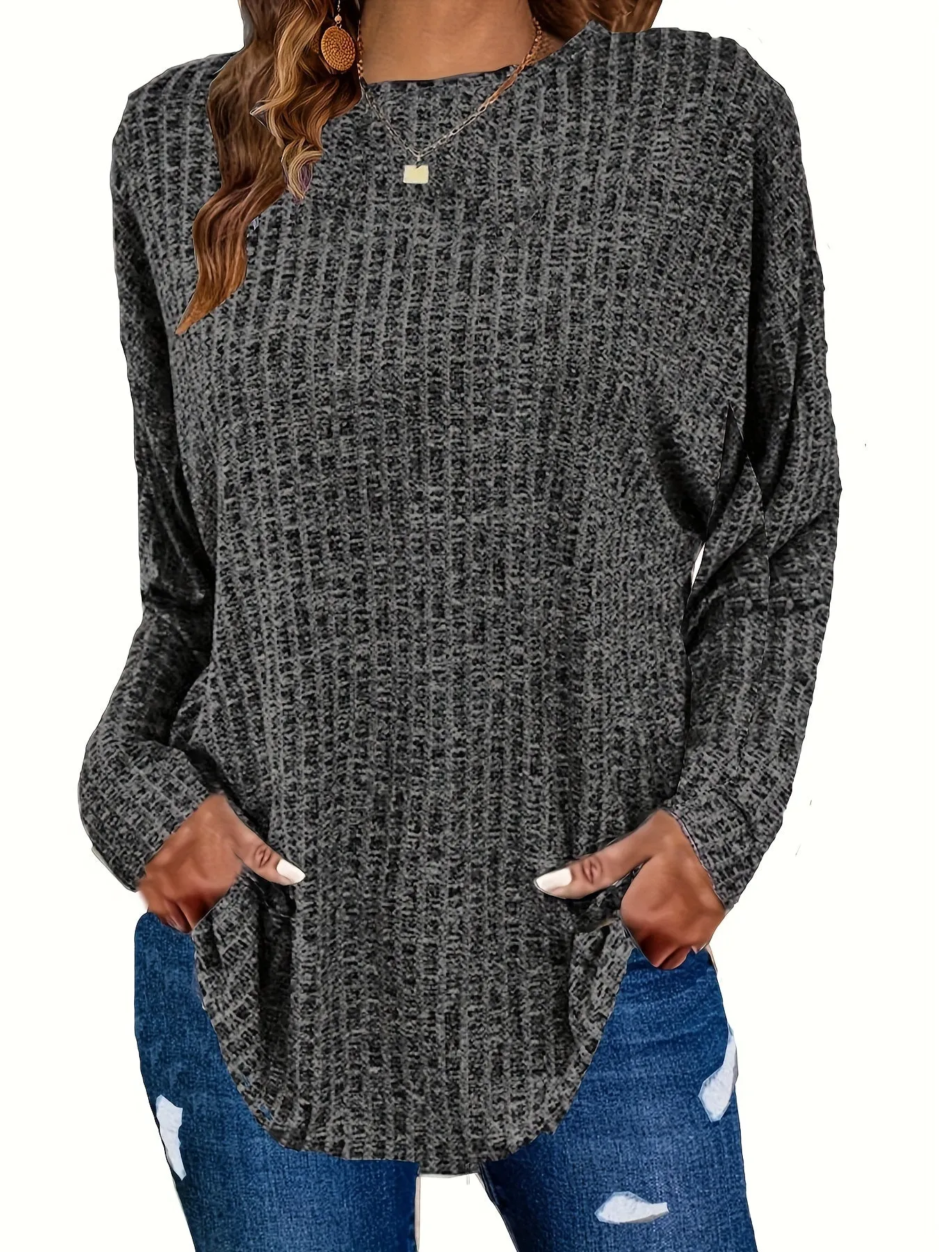 Plus Size Chic Knit Sweater - Comfortable & Cozy Women's Ribbed Long Sleeve Top - Ideal for Casual Outings & Everyday Wear