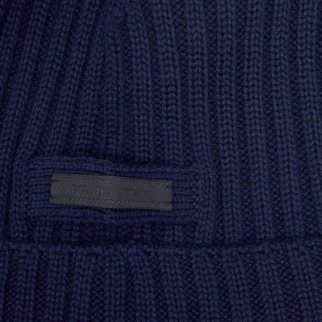 Prada Navy Wool Ribbed Beanie