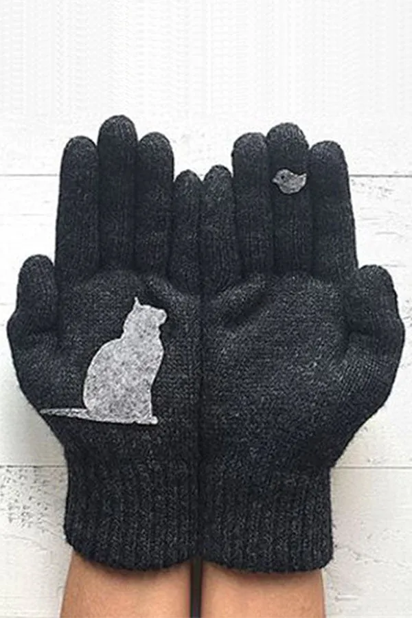 Printed Knitted Gloves Short Thickened Warm Finger Gloves-Cat