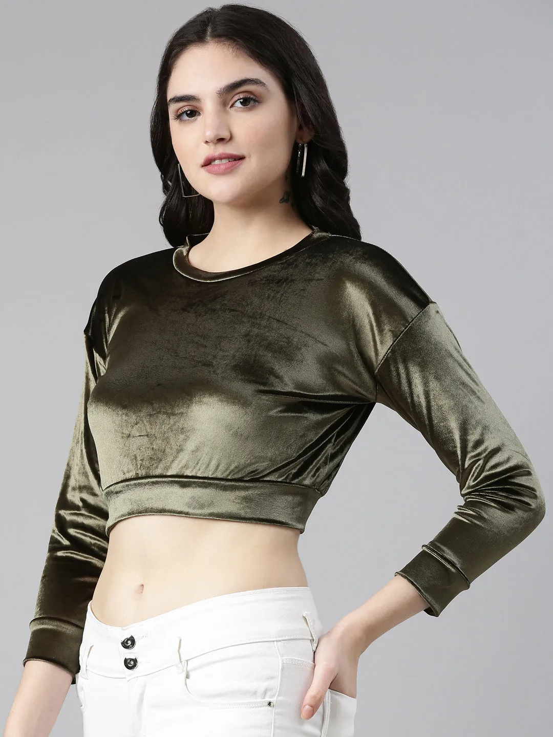 Round Neck Regular Sleeves Solid Blouson Olive Crop Top