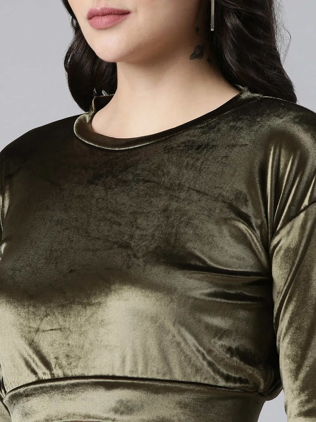 Round Neck Regular Sleeves Solid Blouson Olive Crop Top